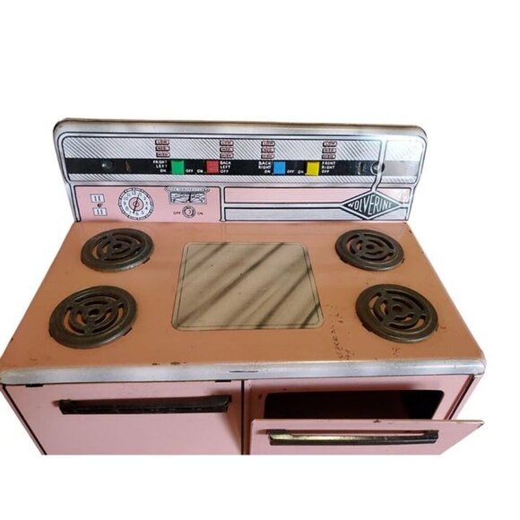 Vintage 1950s Wolverine Pink Tin Litho Toy Kitchen Refrigerator and Stove READ - Picture 3 of 8